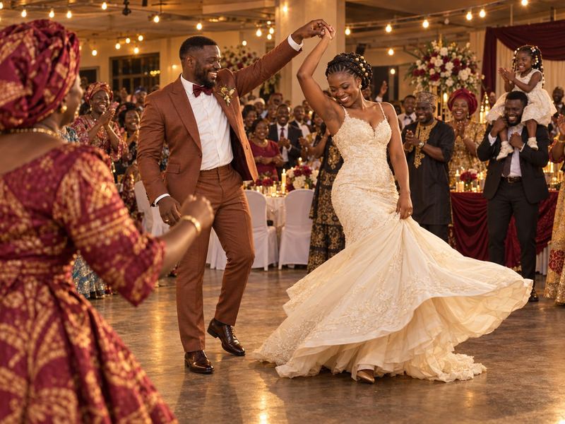 La première danse : le marié fait tourner la mariée sous son bras, le cercle des invités frappe des mains.