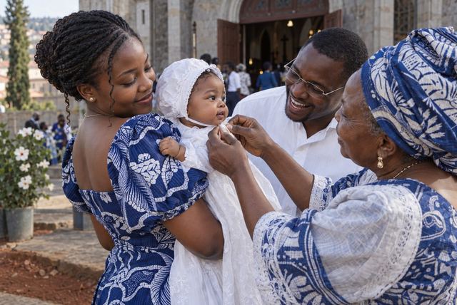 Sur le parvis de l'église, la mère tient le bébé en robe blanche contre son épaule ; la grand-mère ajuste le bonnet.
