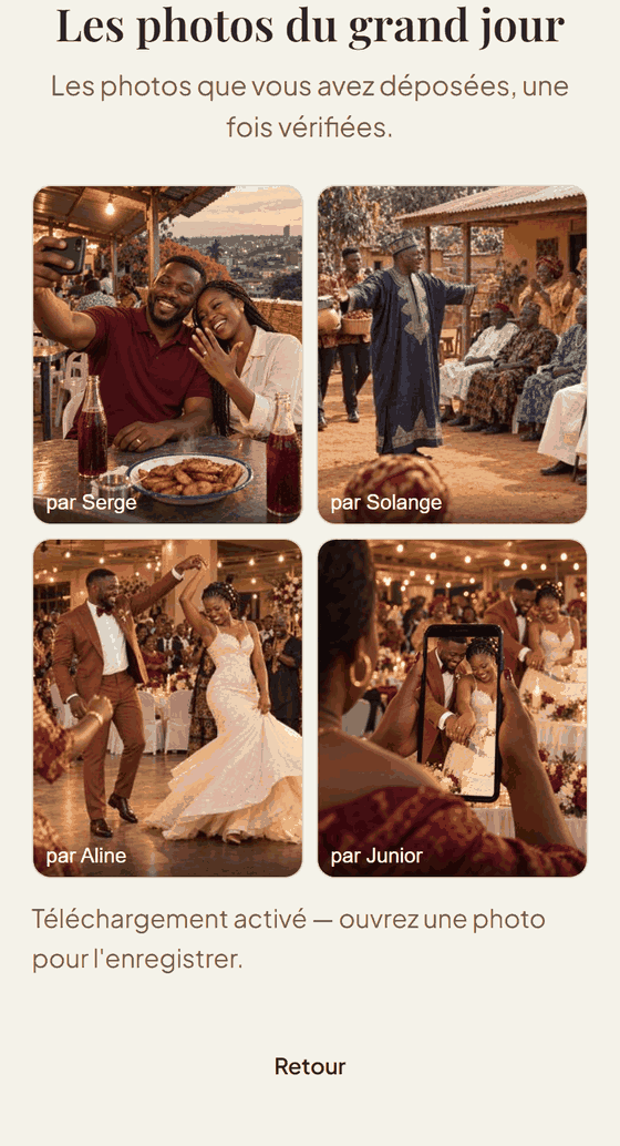 La galerie de l'événement : quatre photos déposées par les invités, chacune signée du prénom de celui qui l'a partagée.